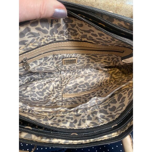 GUESS Signature Logo Satchel Handbag Brown Black Monogram Double Handle Purse - Picture 6 of 14